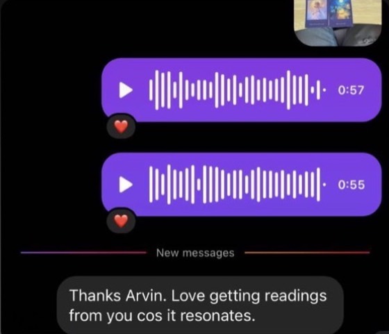 Client message: 'Thanks Arvin. Love getting readings from you cos it resonates.'