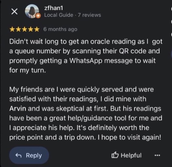 Google review by zfhan1, 5 stars: My friends and I were quickly served and were satisfied with their readings, I did mine with Arvin and was skeptical at first. But his readings have been a great help/guidance tool for me and I appreciate his help. It's definitely worth the price point and a trip down. I hope to visit again!